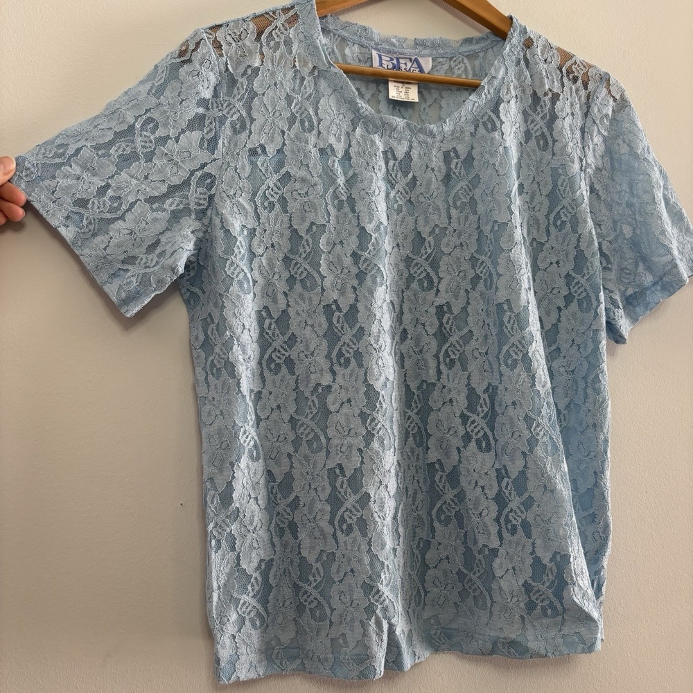 VTG Lace Top Women's XL Ice Blue Mesh Pullover Y2K 2000's BFA Classics Stretch‎